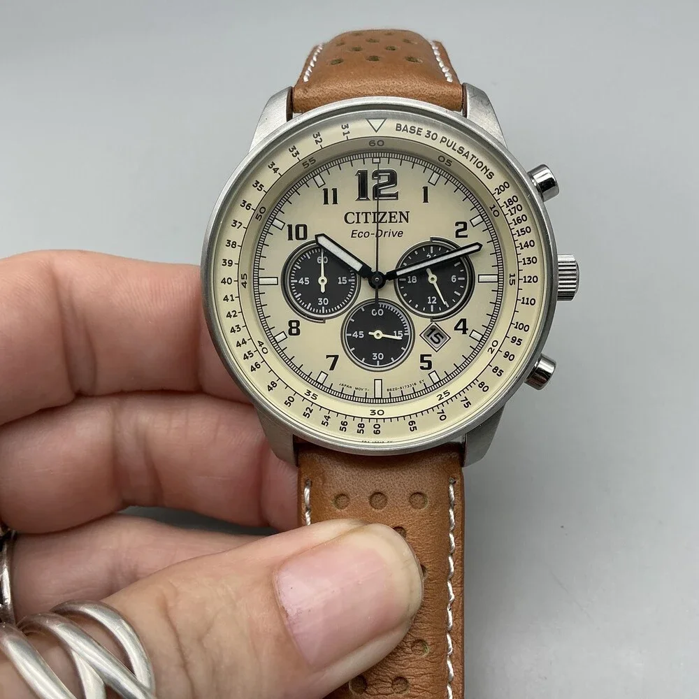 Citizen Eco-Drive Weekender Men Watch 44mm Silver Tone Brown Leather Chronograph